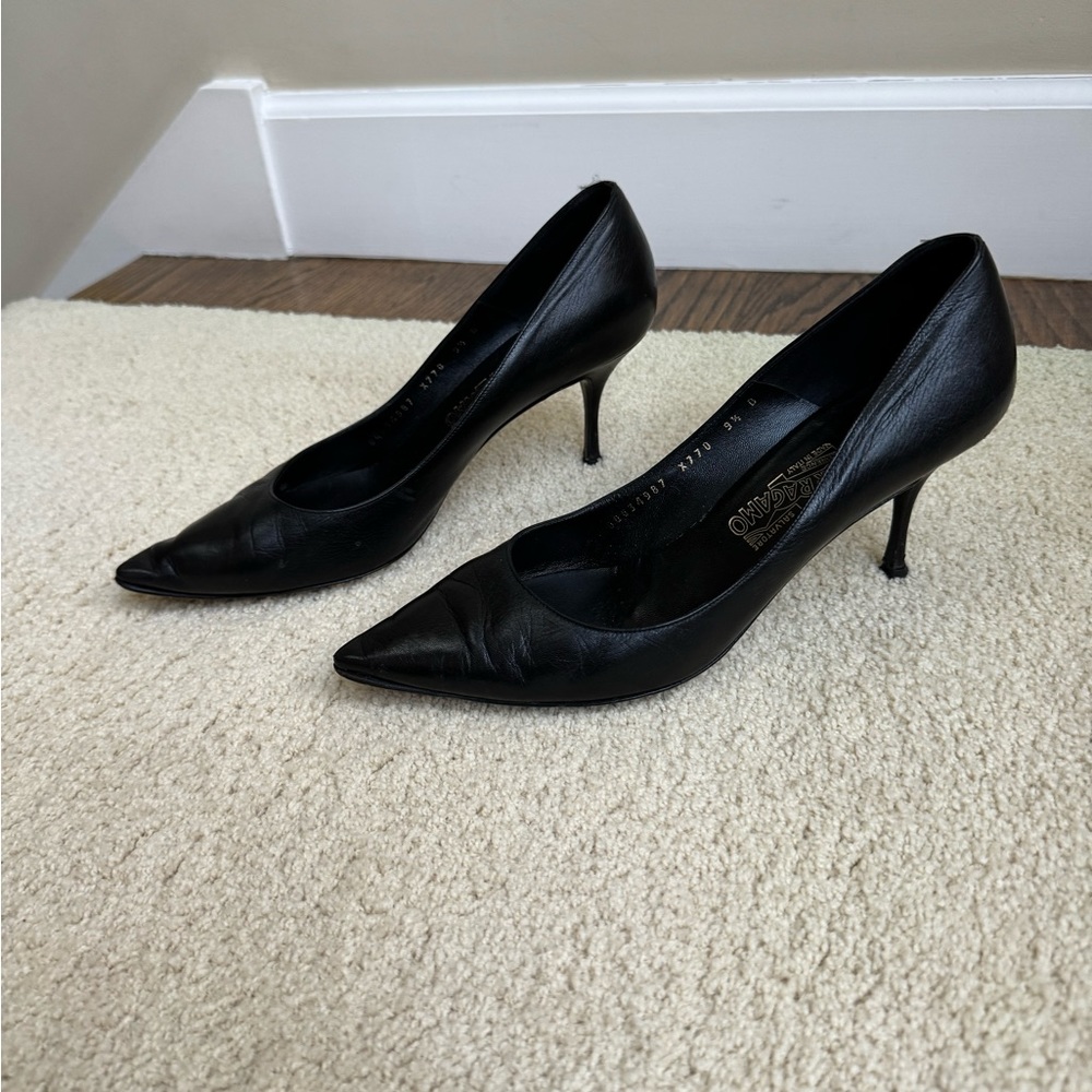 Ferragamo black kitten stilettos. Size 9.5 made in Italy.